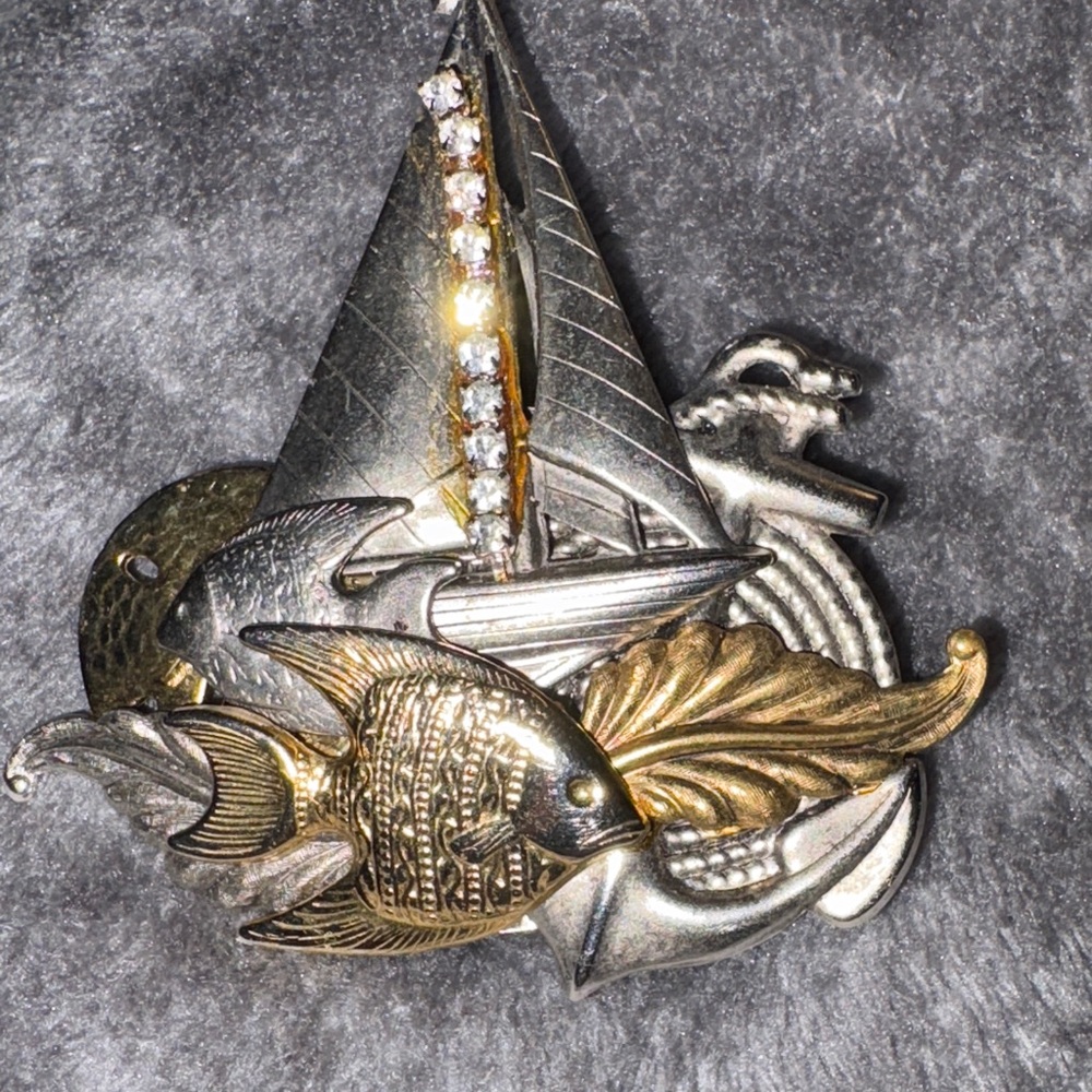 Elegant Gold and Silver Beach Inspired Handmade Coastal Brooch Boat Fish